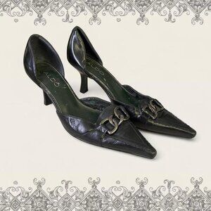 Black leather Aldo kitten heel pumps with chain detail